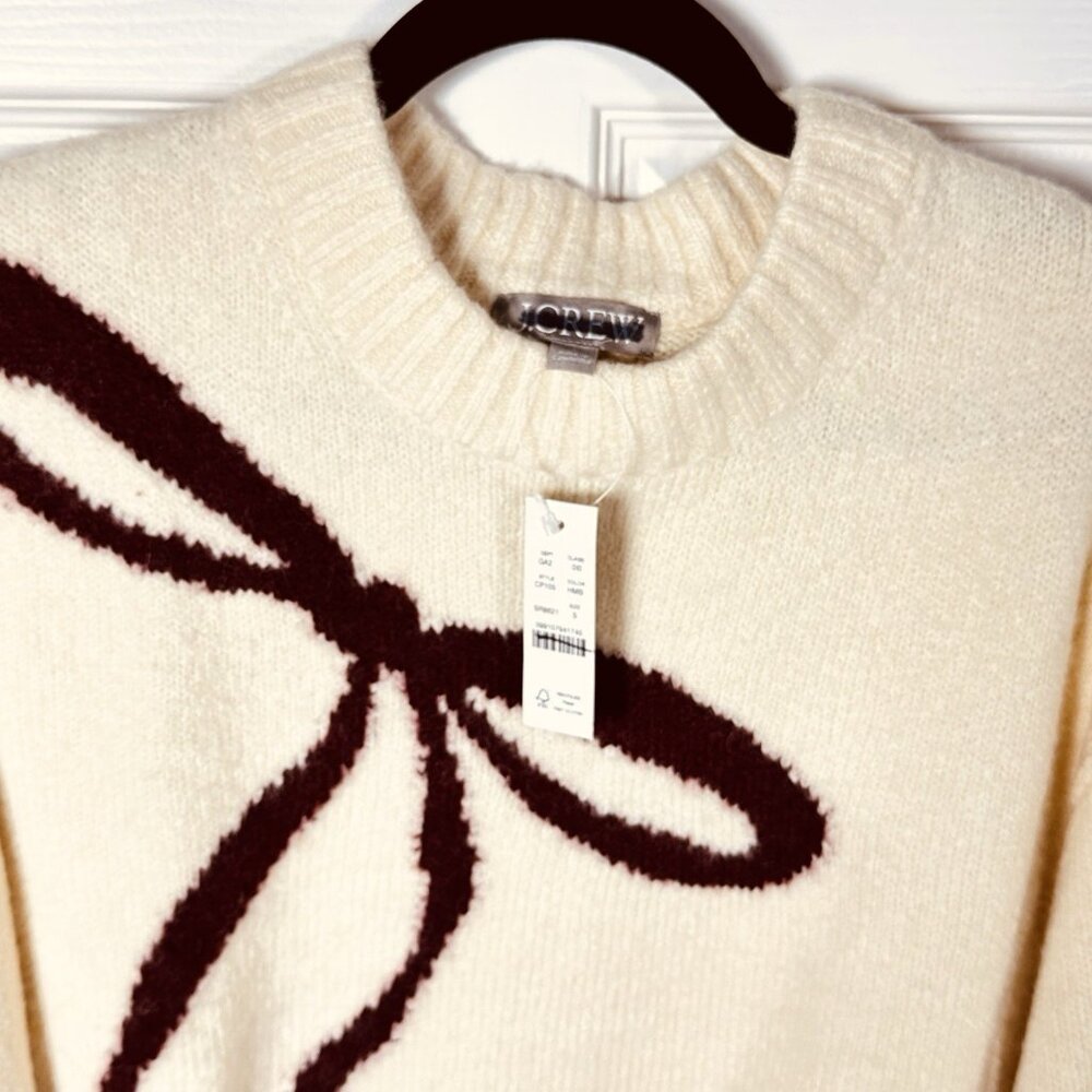 J.Crew Womens Relaxed Bow Print Crewneck Pullover Small Cream Knit Coquette NWT - Picture 6 of 14